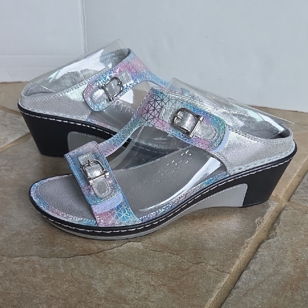 Alegria Pretty Baby Silver and Multicolor Wedge Sandals NWT